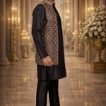 Black Silk Kurta Pajama with Gold and White Thread Geometric Embroidery
