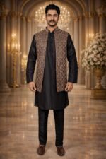 Black Silk Kurta Pajama with Gold and White Thread Geometric Embroidery - Image 2