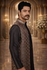 Black Silk Kurta Pajama with Gold and White Thread Geometric Embroidery - Image 3