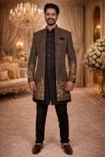 Black Jacquard & Velvet Indo Western with Multithread and Sequin Embroidery - Image 2