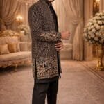 Black Jacquard & Velvet Indo Western with Multithread and Sequin Embroidery