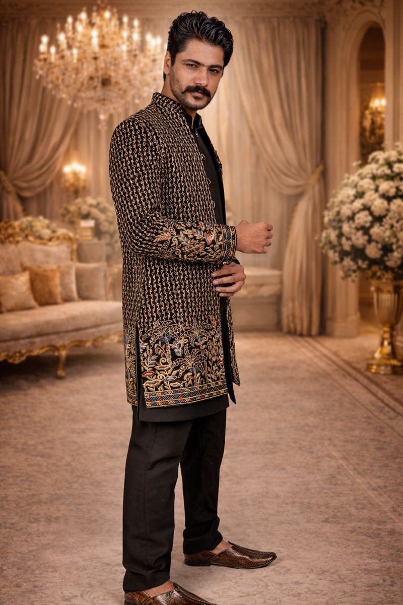 Men Product 10 (2) Black Jacquard & Velvet Indo Western with Multithread and Sequin Embroidery - Image 1