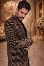 Black Jacquard & Velvet Indo Western with Multithread and Sequin Embroidery - Image 3