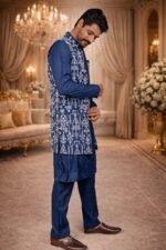 Dark Blue Chikankari Embroidered Kurta-Payjama Set with  Jacket - Image 2