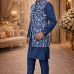 Dark Blue Chikankari Embroidered Kurta-Payjama Set with  Jacket
