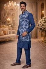 Dark Blue Chikankari Embroidered Kurta-Payjama Set with  Jacket