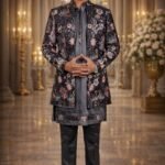 Black Velvet Indo-Western Set with Multicolor Floral Embroidery and Sequin Work
