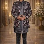 Black Velvet Indo-Western Set with Multicolor Floral Embroidery and Sequin Work