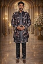 Black Velvet Indo-Western Set with Multicolor Floral Embroidery and Sequin Work
