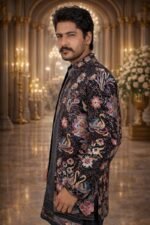 Black Velvet Indo-Western Set with Multicolor Floral Embroidery and Sequin Work - Image 2