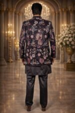 Black Velvet Indo-Western Set with Multicolor Floral Embroidery and Sequin Work - Image 3