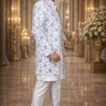 White Linen Indo-Western Set with Traditional Banjara Embroidery