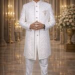White Linen Sherwani with Pink Thread and Sequin Embroidery