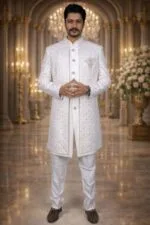 White Linen Sherwani with Pink Thread and Sequin Embroidery