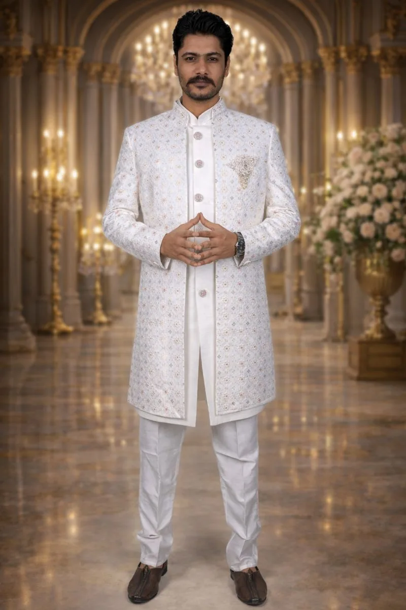 Men Product 4 (1) White Linen Sherwani with Pink Thread and Sequin Embroidery - Image 1
