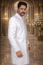 White Linen Sherwani with Pink Thread and Sequin Embroidery - Image 2