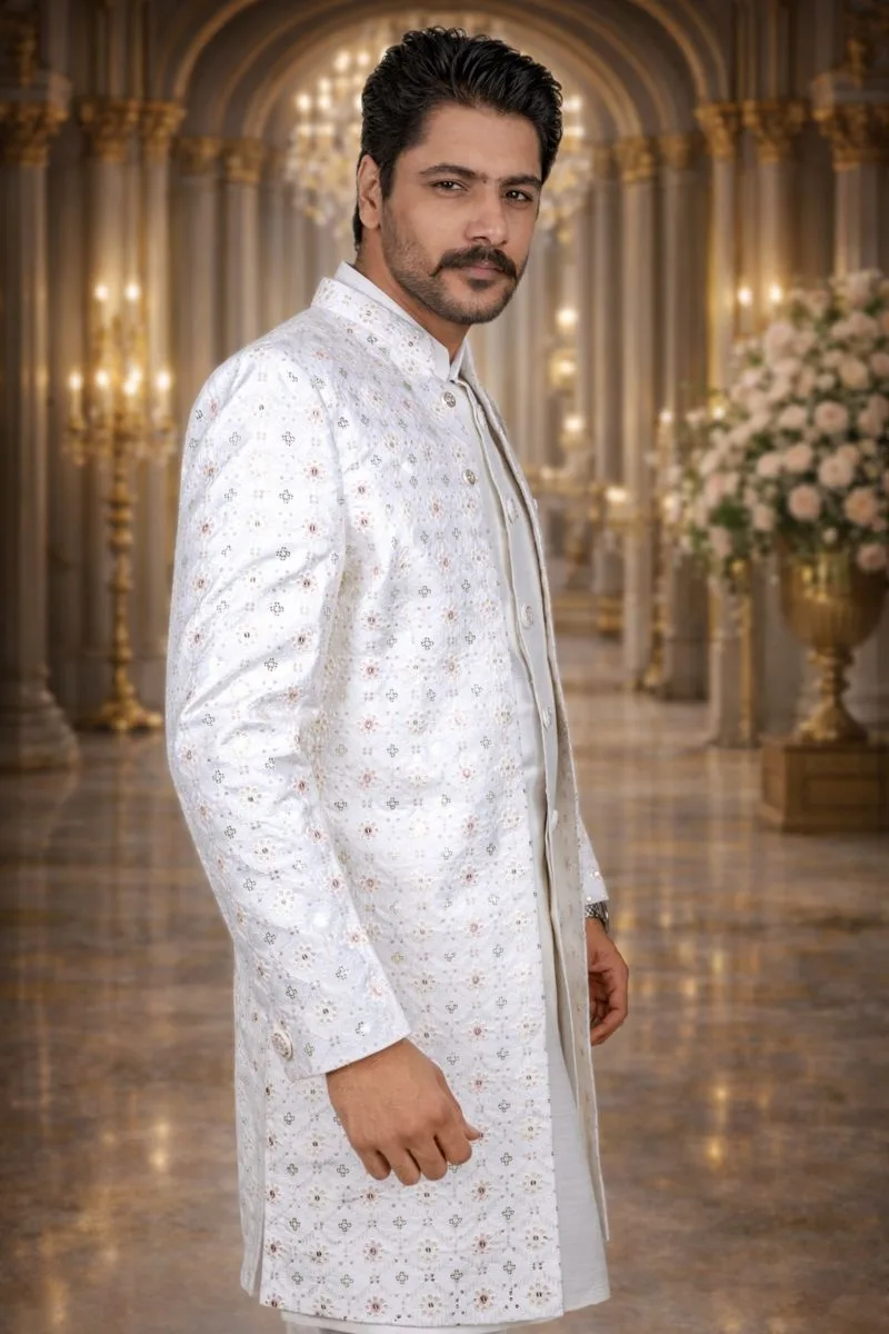 White Linen Sherwani with Pink Thread and Sequin Embroidery - Image 2