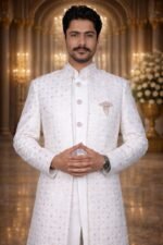 White Linen Sherwani with Pink Thread and Sequin Embroidery - Image 3