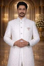 White Linen Sherwani with Pink Thread and Sequin Embroidery - Image 3