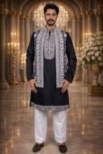 Black Twill Chikankari Embroidered Kurta-Pajama Set with Floral Embroidered Jacket - Image 2