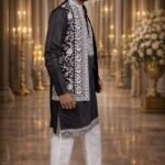 Black Twill Chikankari Embroidered Kurta-Pajama Set with Floral Embroidered Jacket