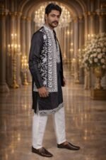 Black Twill Chikankari Embroidered Kurta-Pajama Set with Floral Embroidered Jacket