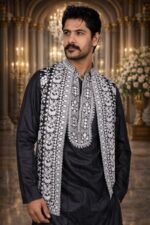 Black Twill Chikankari Embroidered Kurta-Pajama Set with Floral Embroidered Jacket - Image 3