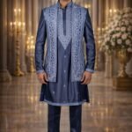 Dark Blue Silk Indo-Western Set with Golden Thread Embroidery