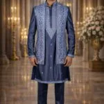 Dark Blue Silk Indo-Western Set with Golden Thread Embroidery