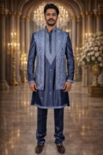 Dark Blue Silk Indo-Western Set with Golden Thread Embroidery