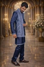 Dark Blue Silk Indo-Western Set with Golden Thread Embroidery - Image 2
