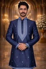 Dark Blue Silk Indo-Western Set with Golden Thread Embroidery - Image 3