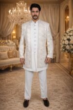 White Greige Indo-Western Set with Golden and Olive Green Thread Work - Image 2