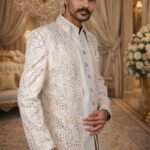 White Greige Indo-Western Set with Golden and Olive Green Thread Work