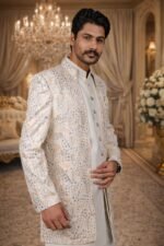 White Greige Indo-Western Set with Golden and Olive Green Thread Work