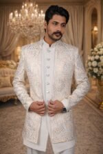 White Greige Indo-Western Set with Golden and Olive Green Thread Work - Image 3