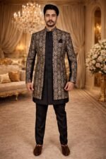 Black Tweed Indo-Western Set with Heavy Gold and Silver Embroidery - Image 2