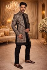 Black Tweed Indo-Western Set with Heavy Gold and Silver Embroidery - Image 3