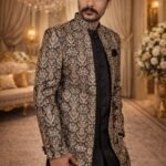 Black Tweed Indo-Western Set with Heavy Gold and Silver Embroidery