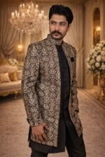 Black Tweed Indo-Western Set with Heavy Gold and Silver Embroidery