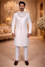 White Woven Jacquard Sherwani with Diamond, Pearl & Zardozi Embroidery - Image 3