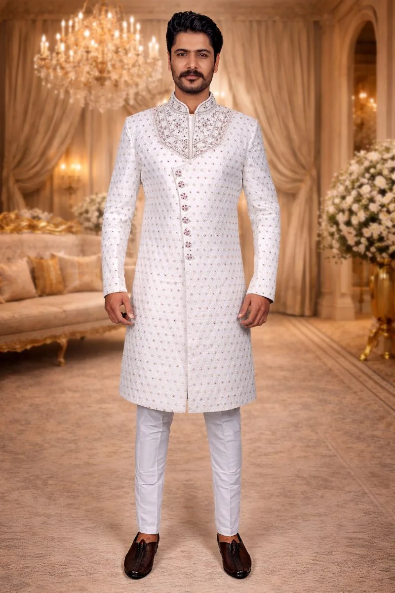 White Woven Jacquard Sherwani with Diamond, Pearl & Zardozi Embroidery - Image 3