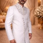 White Woven Jacquard Sherwani with Diamond, Pearl & Zardozi Embroidery
