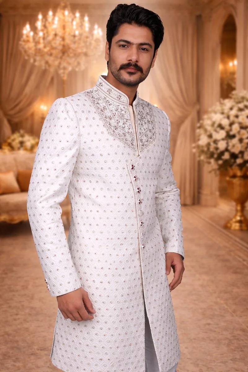 Men Product 9 (2) White Woven Jacquard Sherwani with Diamond, Pearl & Zardozi Embroidery - Image 1