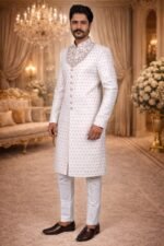 White Woven Jacquard Sherwani with Diamond, Pearl & Zardozi Embroidery - Image 2