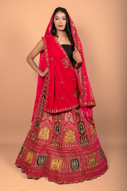 Pink Bridal Zardozi Embroidered Lehenga with Velvet Blouse & Dual Dupattas