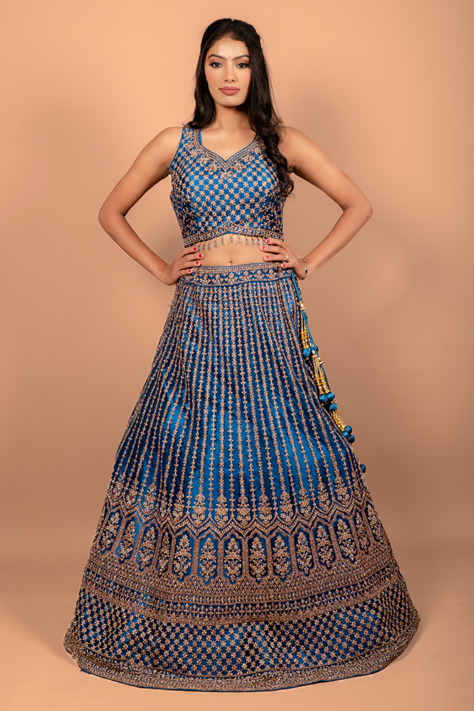 PSHI3661 Rama Blue Crop Top with Diamond Work, Net Blouse and Embroidered Dupatta - Image 1