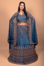Rama Blue Crop Top with Diamond Work, Net Blouse and Embroidered Dupatta - Image 2