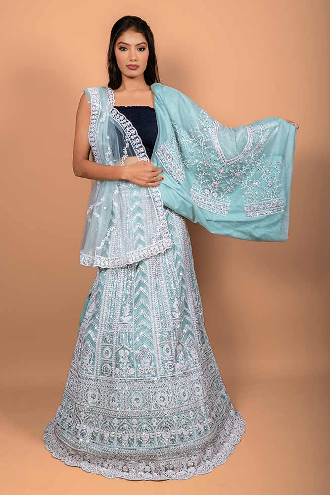 PSHI3715.png Pista Green Lehenga with Silver Sequin & Bead Embroidery, Net Blouse and Dupatta - Image 1