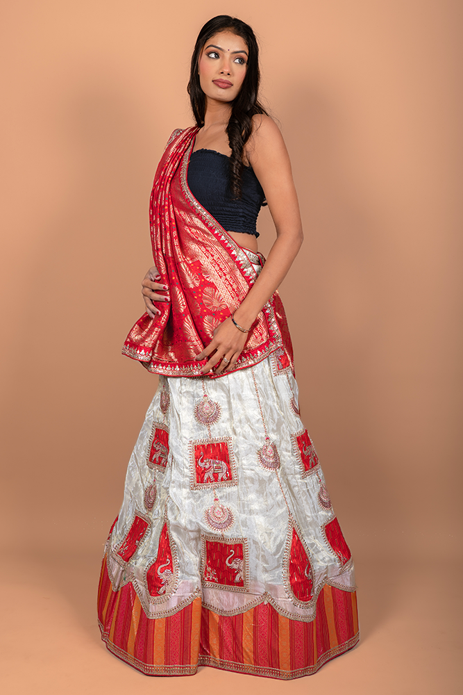 PSHI3757.png Cream & Red Shimmer Lehenga with Ganesha Embroidery and Banarasi Zari Dupatta - Image 1